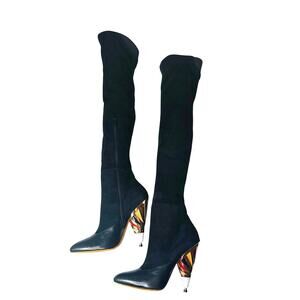 Givenchy Black Leather Suede OTK Boots 38.5 Over The Knee Printed Heel